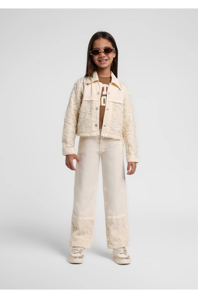 Escabel Baby Girl Embroidered Cuffed Pants 1-5 Years Cream