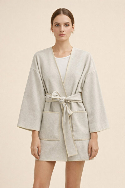 Kirazgym Kaşe Kimono with Double Pockets and Belt - Beige