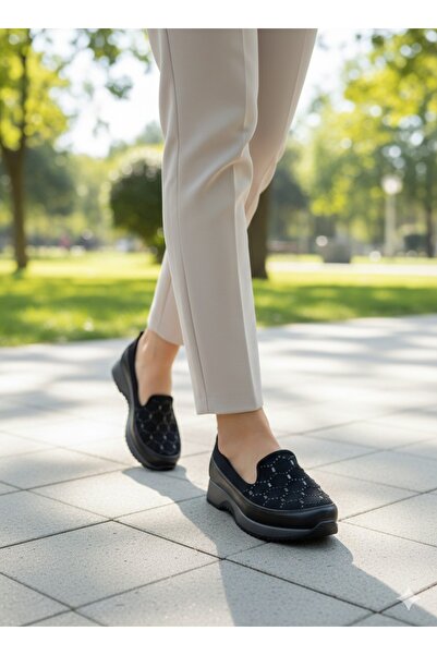 BAYJİXRAM Siyah Cilt Streç Kadın Şık Günlük Rahat Ortopedik Ayakkabı