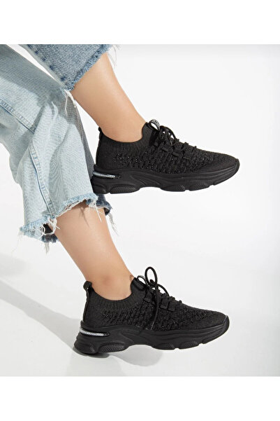 QUEEN Black Stone Design Knitwear Women's Sneaker Muzuli̇
