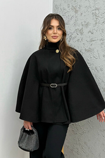 oshebu Premium Gold Buttoned Belted Cashmere Cape Poncho