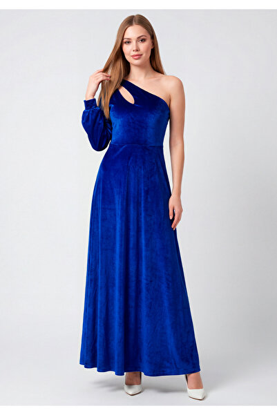 Little Visqon Βελούδινο μακρύ βραδινό φόρεμα με έναν ώμο και ντεκολτέ