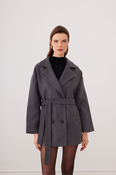 SevdeUgur Women's Anthracite Oversize Short Cashmere Coat with Belt and Linin...