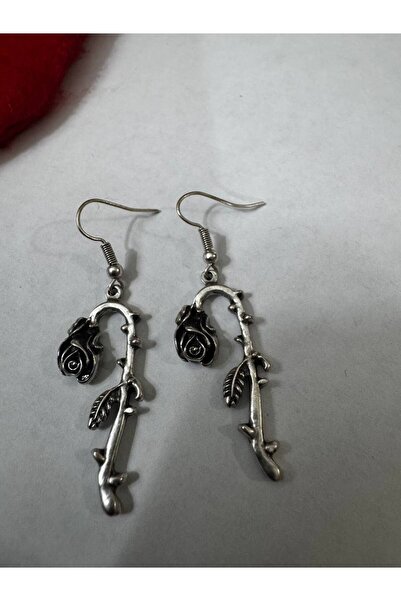 Yuchicly Black Rose Branch – Rose Detailed Antique Silver Color Dangle Earrings