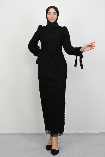 Lamia Giyim Dantel Kol Bağlama Abiye Siyah