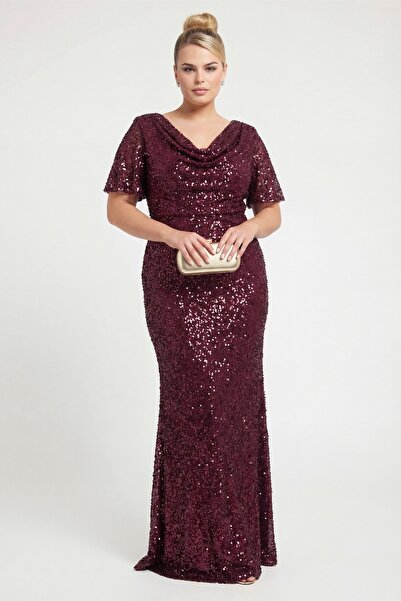 Lafaba Γυναικείο Μακρύ Βραδινό Φόρεμα Μεγάλου Μεγέθους με Παγιέτες και Γιακά ...