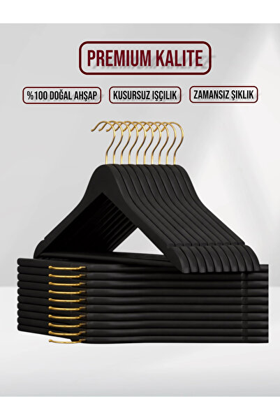 SDF Askı Siyah Ahşap Elbise Pantolon Askısı Gold Kanca 10 adet
