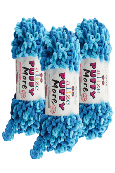 Alize Puffy More Hand Knitting Yarn 3 Pieces – 6552 Blue/Turquoise – 150 Gr. ...