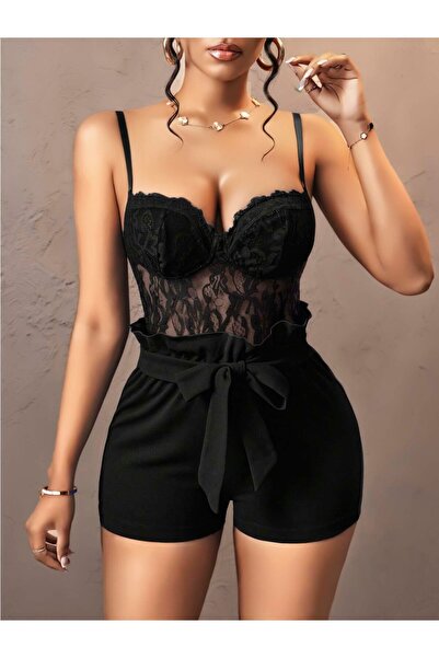 R RUSELİN Kadın Siyah Kuşak ve Dantel Detaylı Şık Tasarım Gece Kıyafeti