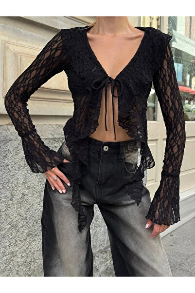 bysoca Women's Black V-Neck Front Lace-Up Ruffled Transparent Lace Stylish Cr...