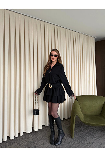 Laluvia Black Dress with Lace Detail at the Hem - 35518