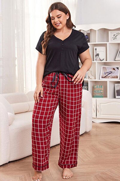 dorbe طقم بيجاما نسائي أحمر بنقشة مربعات برباط