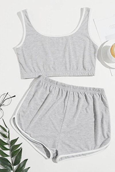 mtm My The Mall Clothing Women's Gray Strappy Crop Top and Shorts Nightgown Set