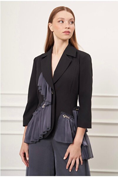 Valerin Antakya Şifon Fırfır Detaylı Siyah Ceket
