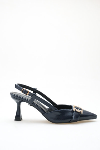 ELAIA SHOES Mona Navy Blue Pointed Toe Buckle Detailed Thin Heeled Women's Shoes