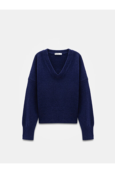 Dilvin 10645 V-Neck Wool Blend Sweater-Dark Blue