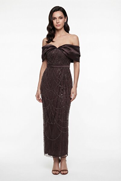 Lafaba Women's Brown Slim Fit Boat Neck Midi Beaded Evening Dress