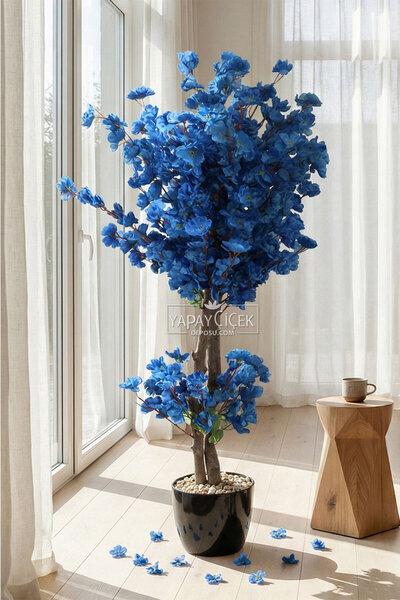 Yapay Çiçek Deposu Saksıda Yapay 2 Gövdeli Bahar Dalı Ağacı 100 cm Lacivert