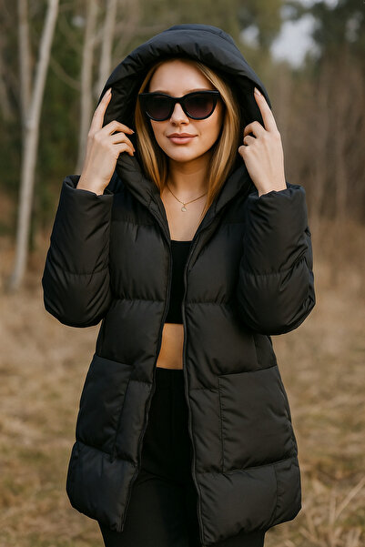 ASG TEKSTİL Black Color Zipper Closure Hooded Windproof Women's Inflatable Coat