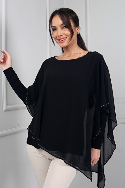 By Saygı Women's Stone Detailed Chiffon Lycra Long Sleeve Blouse