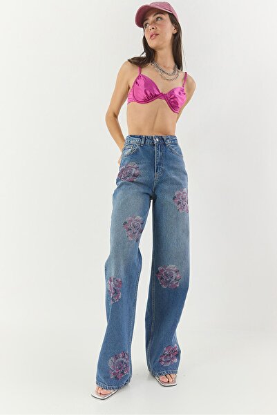 Hiccup High-waisted straight-leg denim jeans, pattern with roses and colored ...