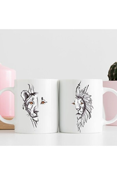 kubdekor Female Lion and Male Lion Couple Single-Sided Printed Double Mug Cup...