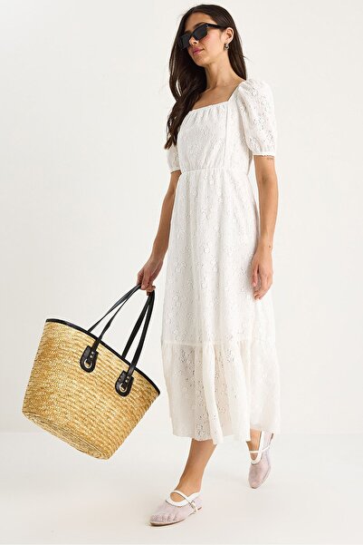 Hiccup Bianco Lucci knitted brocade dress with square neckline, elastic waist...
