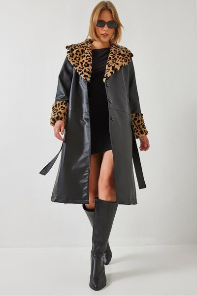 Hiccup Bianco Lucci leather trench coat with leopard fur collar and cuffs