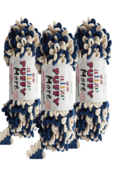 Alize Puffy More Hand Knitting Yarn 3 Pieces – 6628 Navy Blue/Beige – 150 Gr....