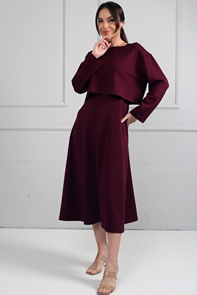 By Saygı Women's Long Sleeve Crop Dress with Straps Double Set