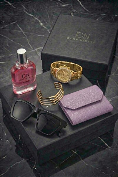 Duke Nickle Kadın Altın Kol Saati Lila Cüzdan Parfüm Gözlük ve Bileklik Kutul...