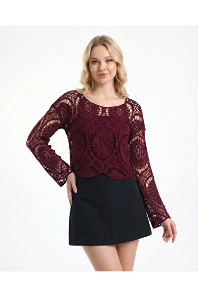 Sibel Günay Butik Women's Cotton Knitted Lace Mesh Burgundy Blouse