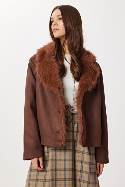 Hiccup ISTANBUL Faux Leather Jacket with Textured Fur Details and Button Closure