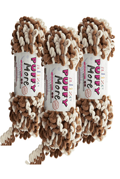 Alize Puffy More Hand Knitting Yarn 3 Pieces – 6563 Brown/Beige – 150 Gr. 11....