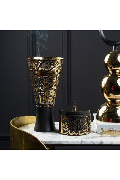 Generic مبخرة عود من أمبرا، مصنوعة من المعدن الذهبي ومزينة بالخط العربي، مع ع...