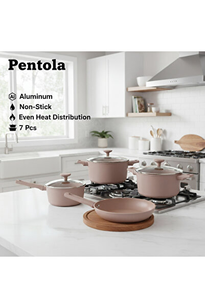 Pentola 7Pcs Aluminum Non Stick Cookware Set With Glass Lids, Brown