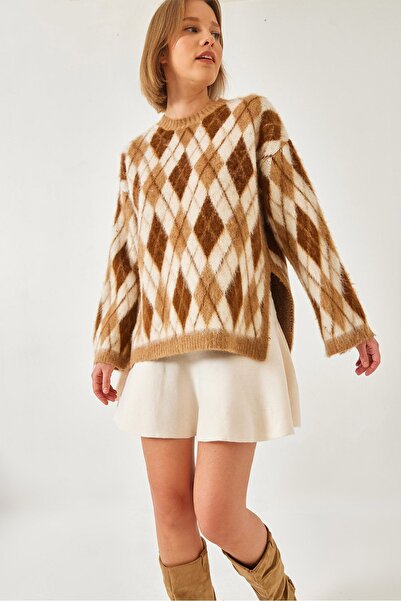 Hiccup Pulover tricotat cu crăpături și model cu romburi din fleece Bianco Lucci