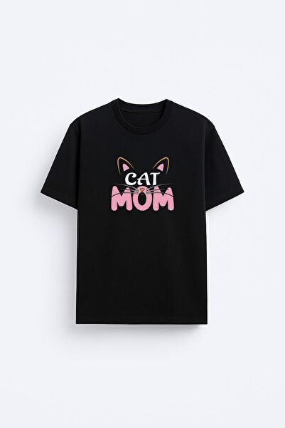 MODA Tricou negru cu imprimeu Cat Mom Cat Mother, cu gâtul tip crewneck