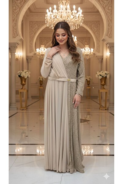 NARCISSUS FASHION Royal beige evening dress with a double sequin and chiffon ...