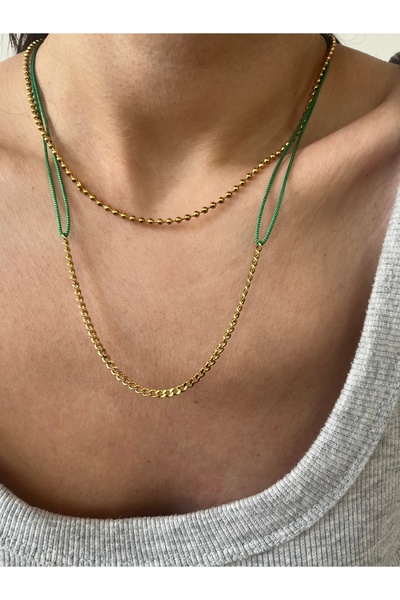 Hoop jewelery Green String Necklace with Adjustable Steel Chain