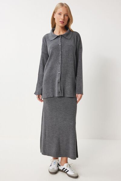 Hiccup ISTANBUL Textured knit set with polo collar cardigan and skirt
