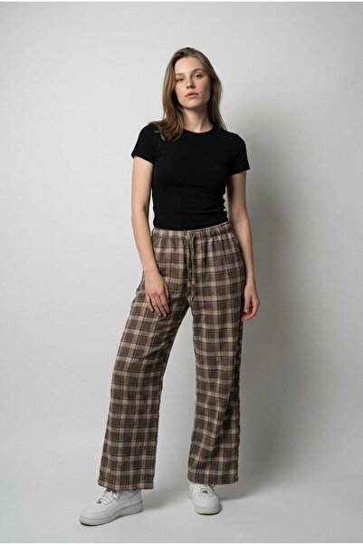 Madmext Bitter Brown Elastic Waist Wide Leg Plaid Trousers Mg2658