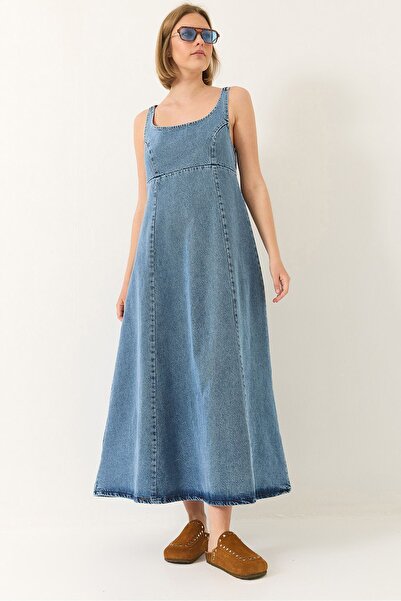 Hiccup Bianco Lucci wide-collar denim flared dress with straps
