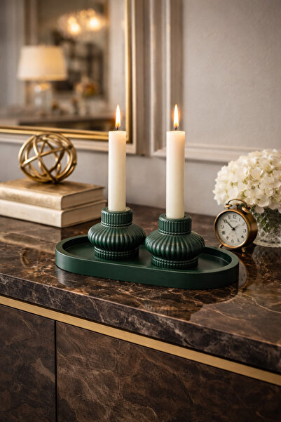 lufen deco Mermer Dokulu Dekoratif 3 Parça Şamdan ve Sunum Tepsisi Seti Koyu ...