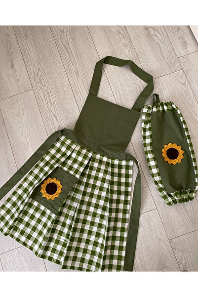 Parla Life Yeşil Keten Ayçiçek Motifli Önlük x Poşetlik (sıvı geçirmez/leke t...