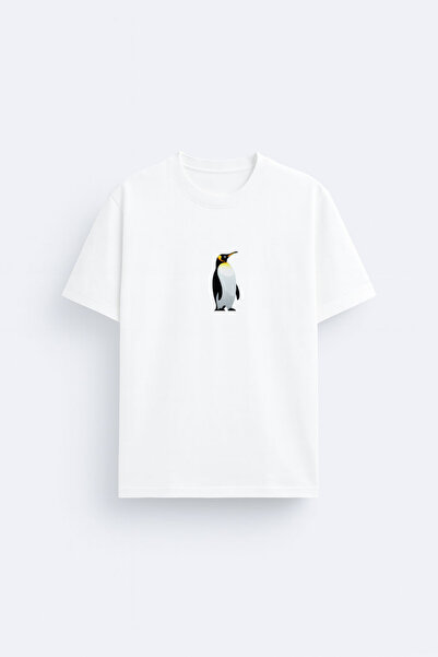 MODA Tricou alb cu guler rotund și imprimeu But Why Penguen Penguin