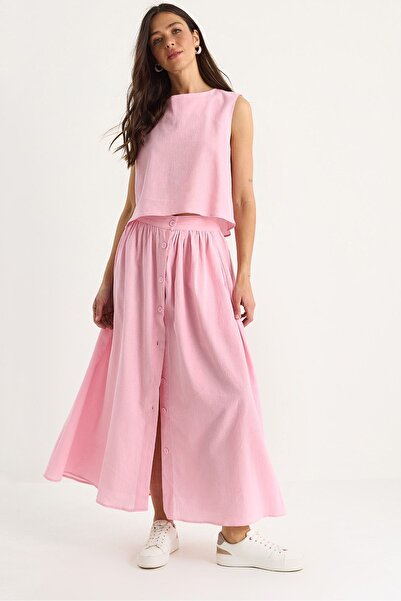 Hiccup Bianco Lucci button-down blouse, two-piece linen set, long Flared skirt