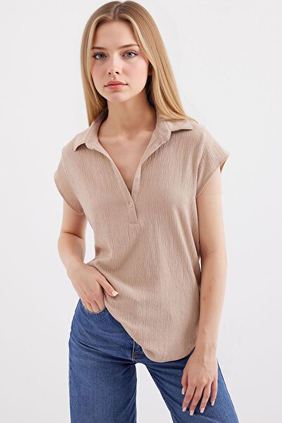 Hiccup BDART Düğmeli Kapalı Doku Polo Yaka Bluz