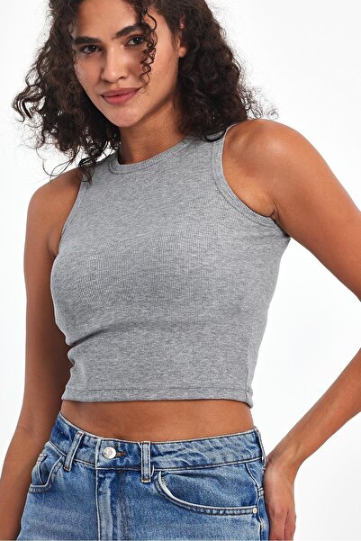 mmetalic Women's Gray Ribbed Look Strap Thick Flexible Knitted Basic Crop Tan...