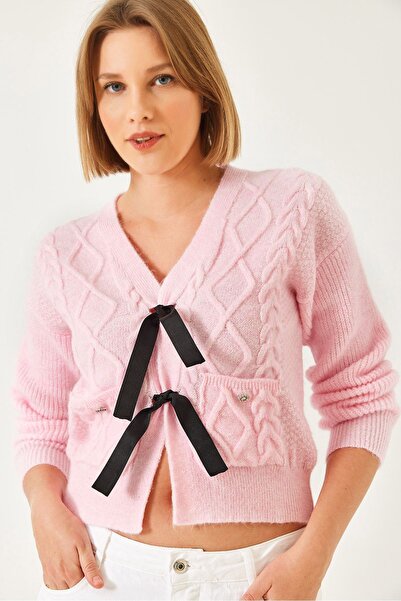 Hiccup Cardigan tricotat cu buzunar frontal și fundă Bianco Lucci